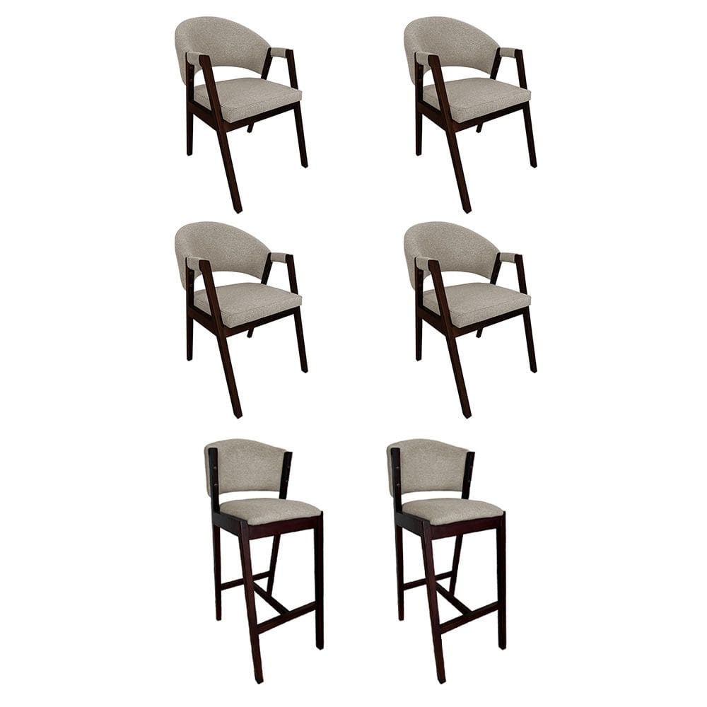 Kit 4 Cadeiras de Jantar Helen com 2 Banquetas Ana Madeira Maciça Castanho Premium Linho Bege