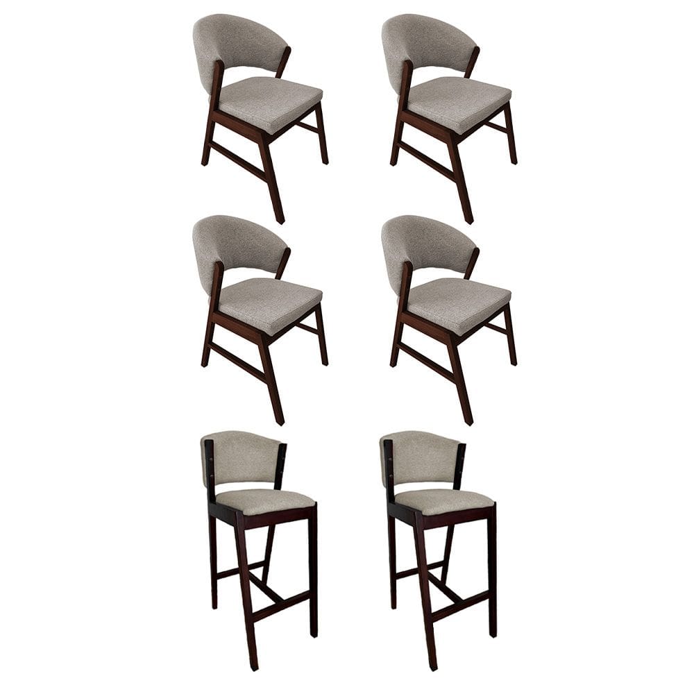 Kit 4 Cadeiras de Jantar Debora com 2 Banquetas Ana Madeira Maciça Castanho Premium Linho Bege