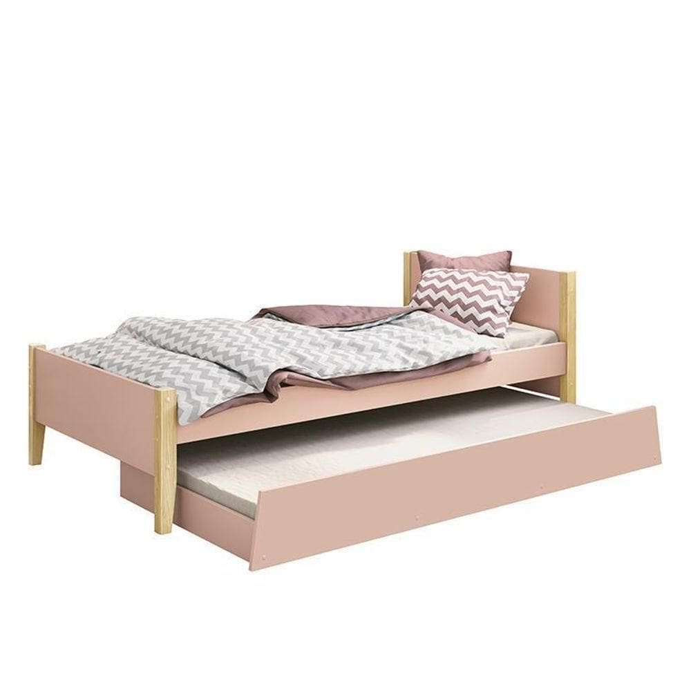 Bicama Solteiro Simba Rosa Fosco Com Pés Madeira Natural - Reller Móveis Rosa Fosco