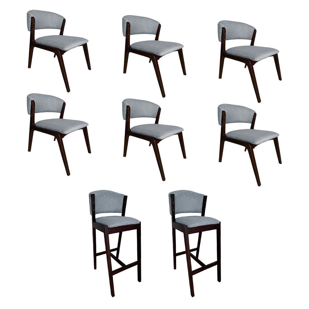 Kit 6 Cadeiras Kethellen Premium com 2 Banquetas Ana em Madeira Maciça Castanho Linho Cinza