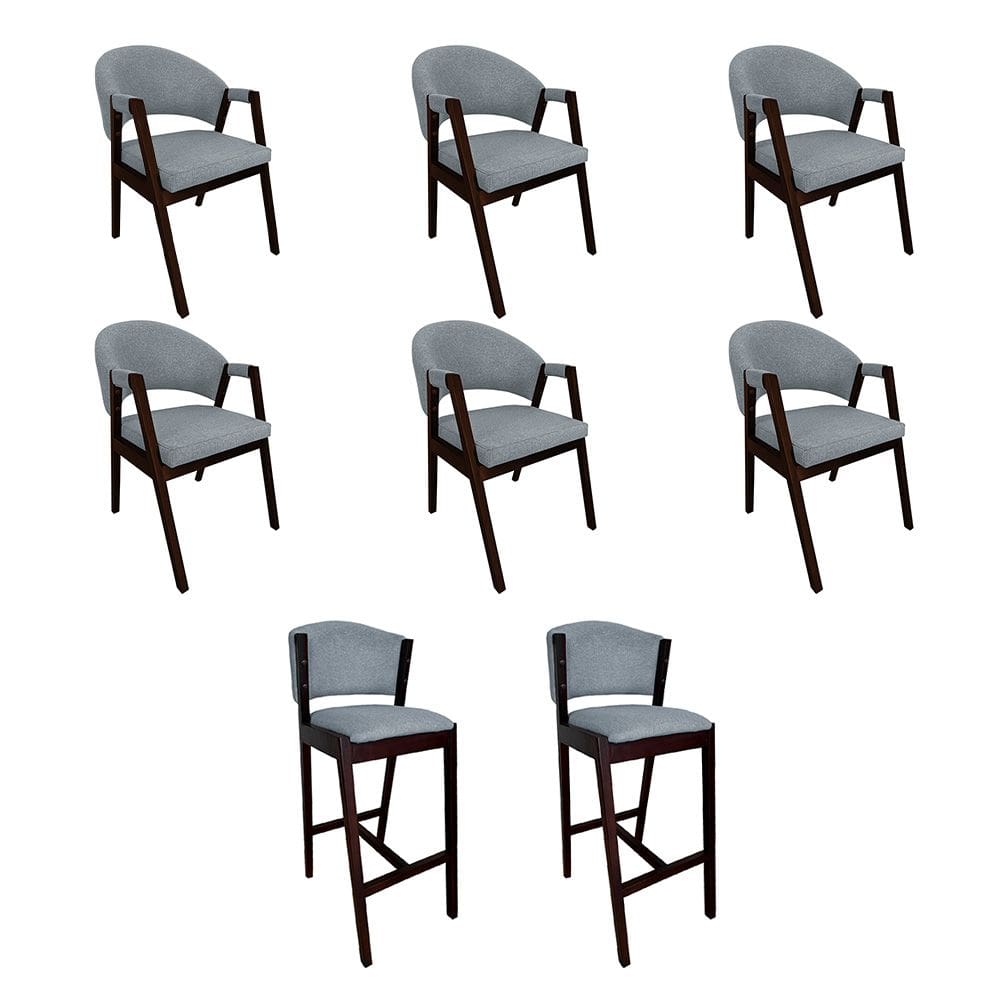 Kit 6 Cadeiras de Jantar Helen com 2 Banquetas Ana Madeira Maciça Castanho Premium Linho Cinza