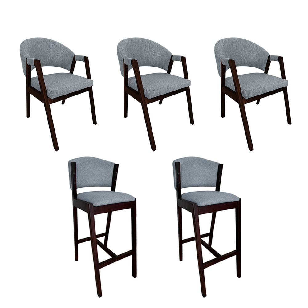 Kit 3 Cadeiras de Jantar Helen com 2 Banquetas Ana Madeira Maciça Castanho Premium Linho Cinza