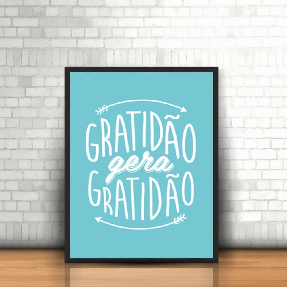 Quadro com Moldura Frase Gratidão Gera Gratidão Flechas Azul