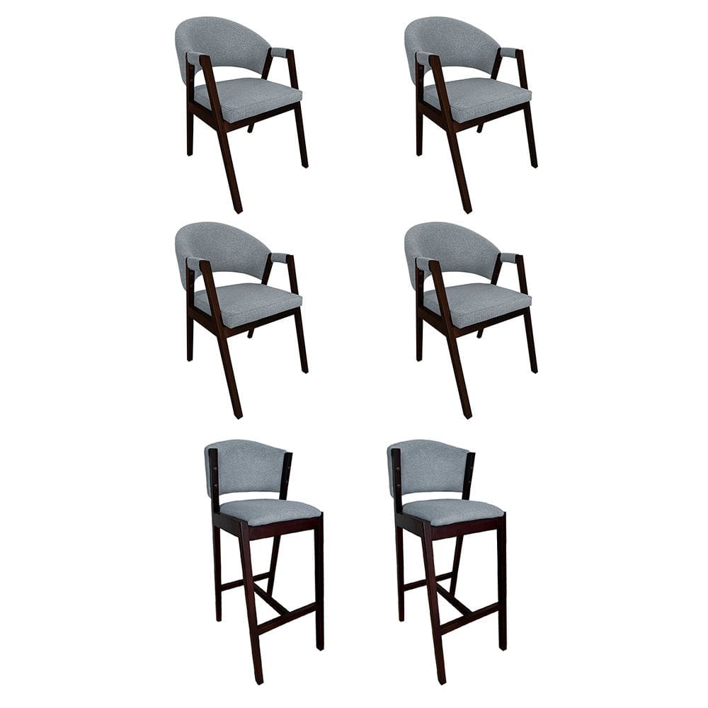 Kit 4 Cadeiras de Jantar Helen com 2 Banquetas Ana Madeira Maciça Castanho Premium Linho Cinza