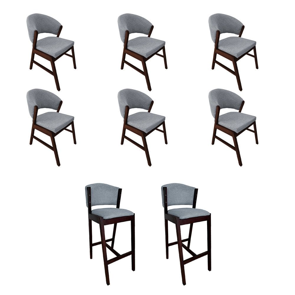 Kit 6 Cadeiras de Jantar Debora com 2 Banquetas Ana Madeira Maciça Castanho Premium Linho Cinza