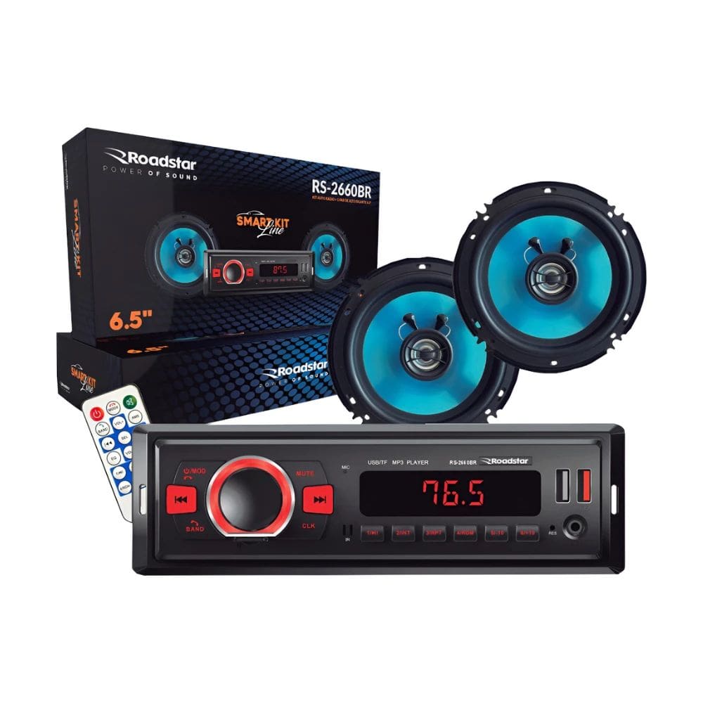 Kit Som Automotivo Roadstar Smart Line Auto Rádio, Bluetooth,USB, Micro SD + Par Alto Falante Coaxial 6,5 100W