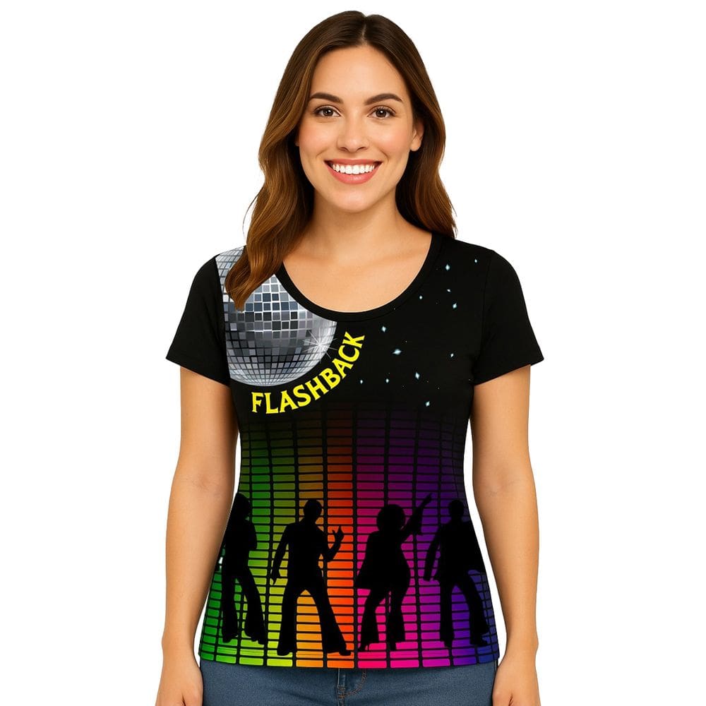 Camiseta Feminina Manga Curta Temática Flash Back Retrô