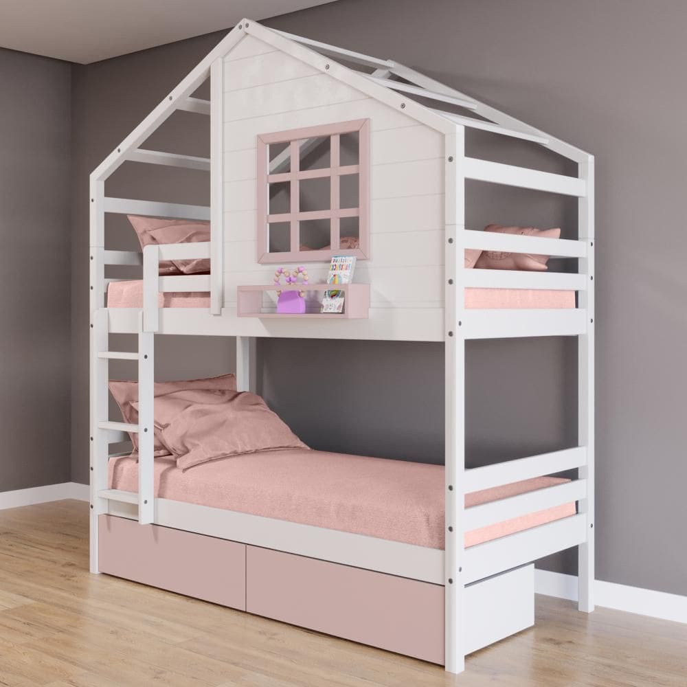 Beliche Casinha com Janela e Gavetas Rosa Madeira Maciça Branco/ Rosa Housin