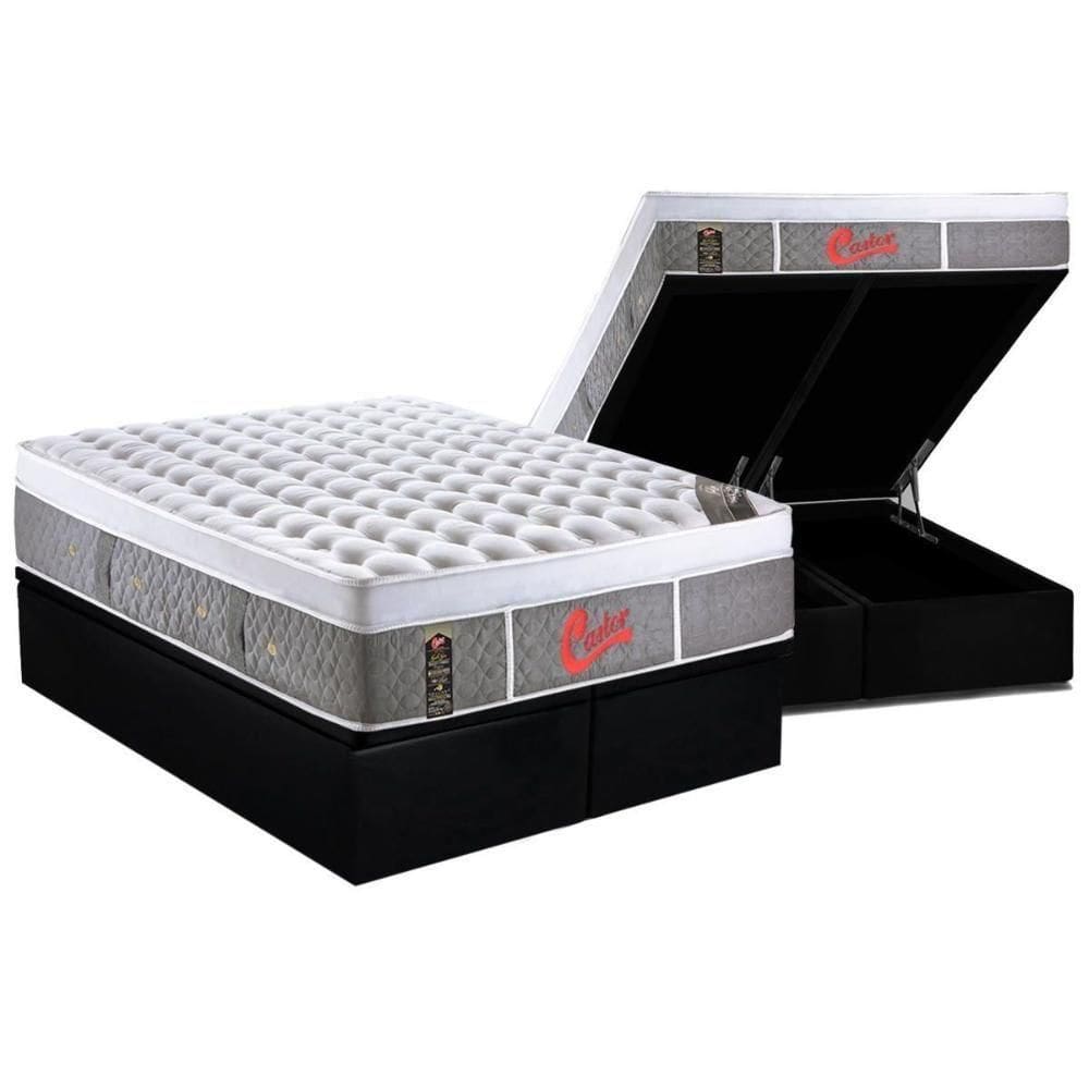 Cama Box Baú Queen: Colchão Molas Ensacadas Castor Plush+Base Black(158X198)