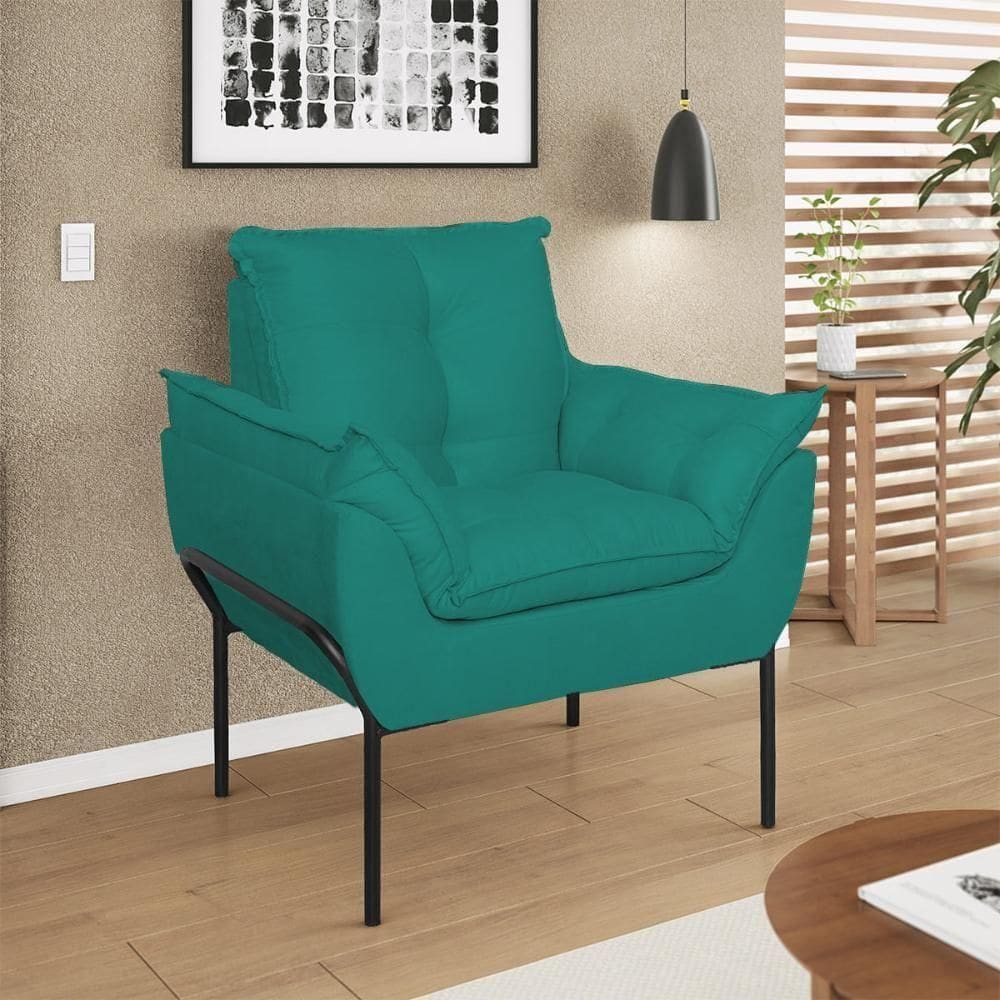 Poltrona Sofá Reforçada Base Metal Preta Azul Turquesa