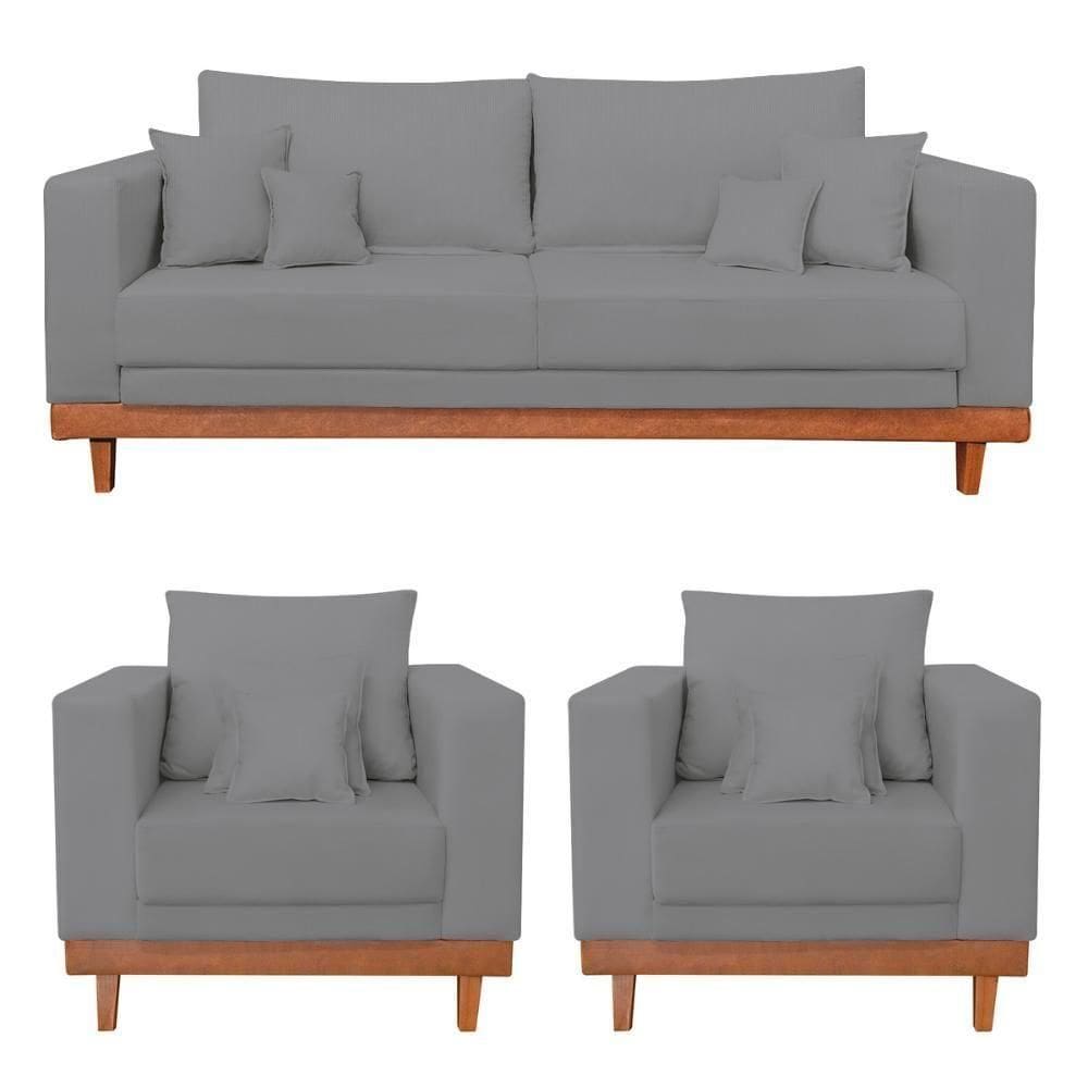 Kit 2 Poltronas Living + Sofá 2 Lugares Base Madeira.
