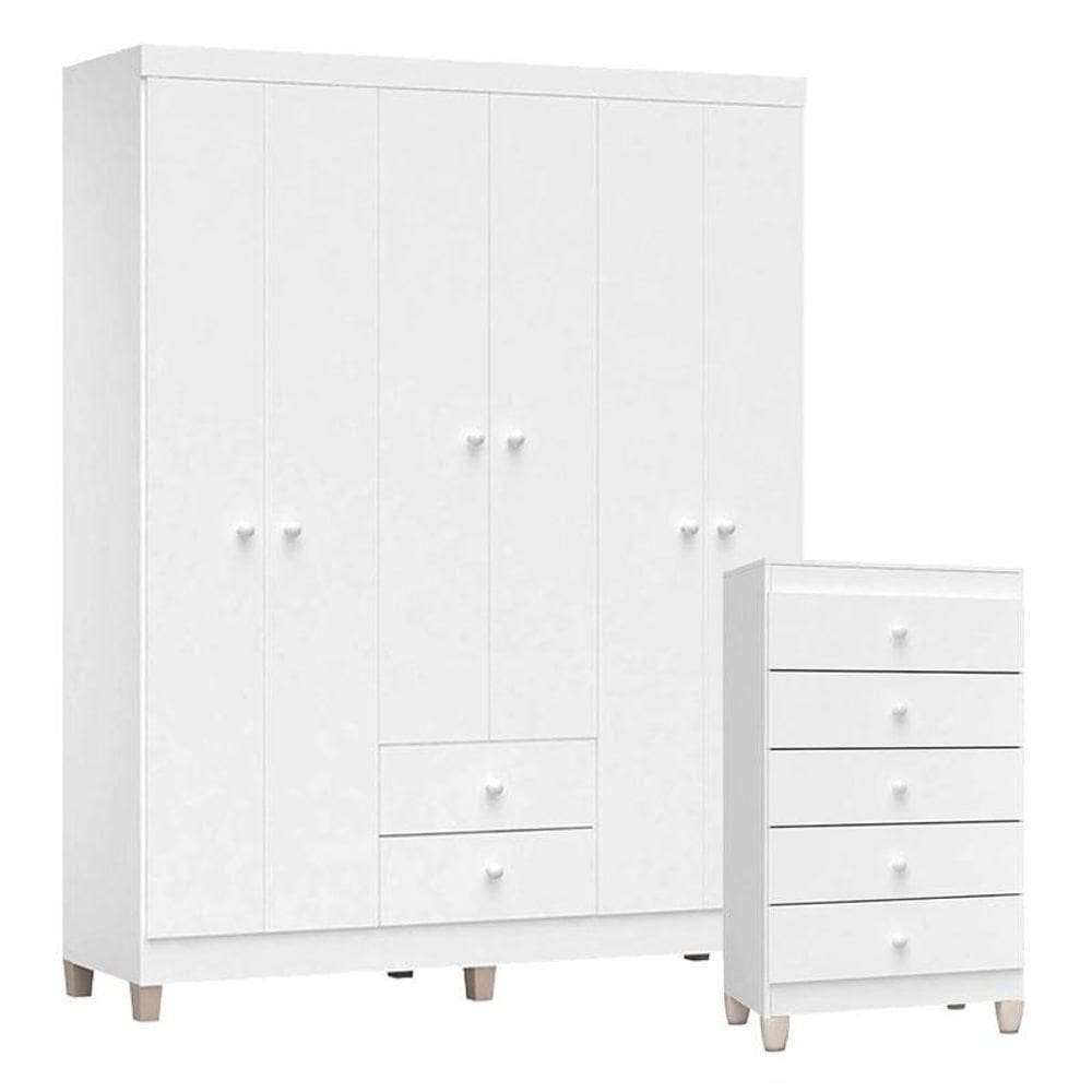 Cômoda Gaveteiro E Guarda Roupa 6 Portas Baby Kids Branco Brilho - Incorplac