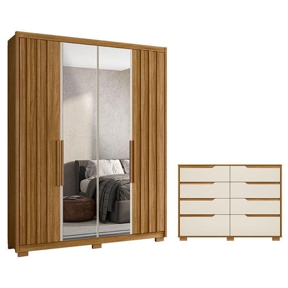 Guarda Roupa Solteiro Califórnia E Cômoda Georgia Freijó Off White Com Espelho - Moval