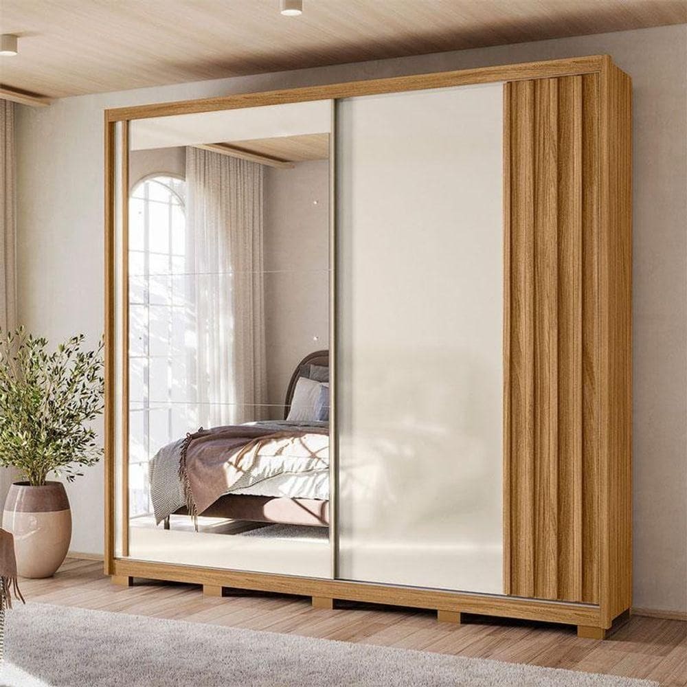 Guarda Roupa Casal Ambiente Dhara 2 Portas Freijó Off White Com Espelho - Moval