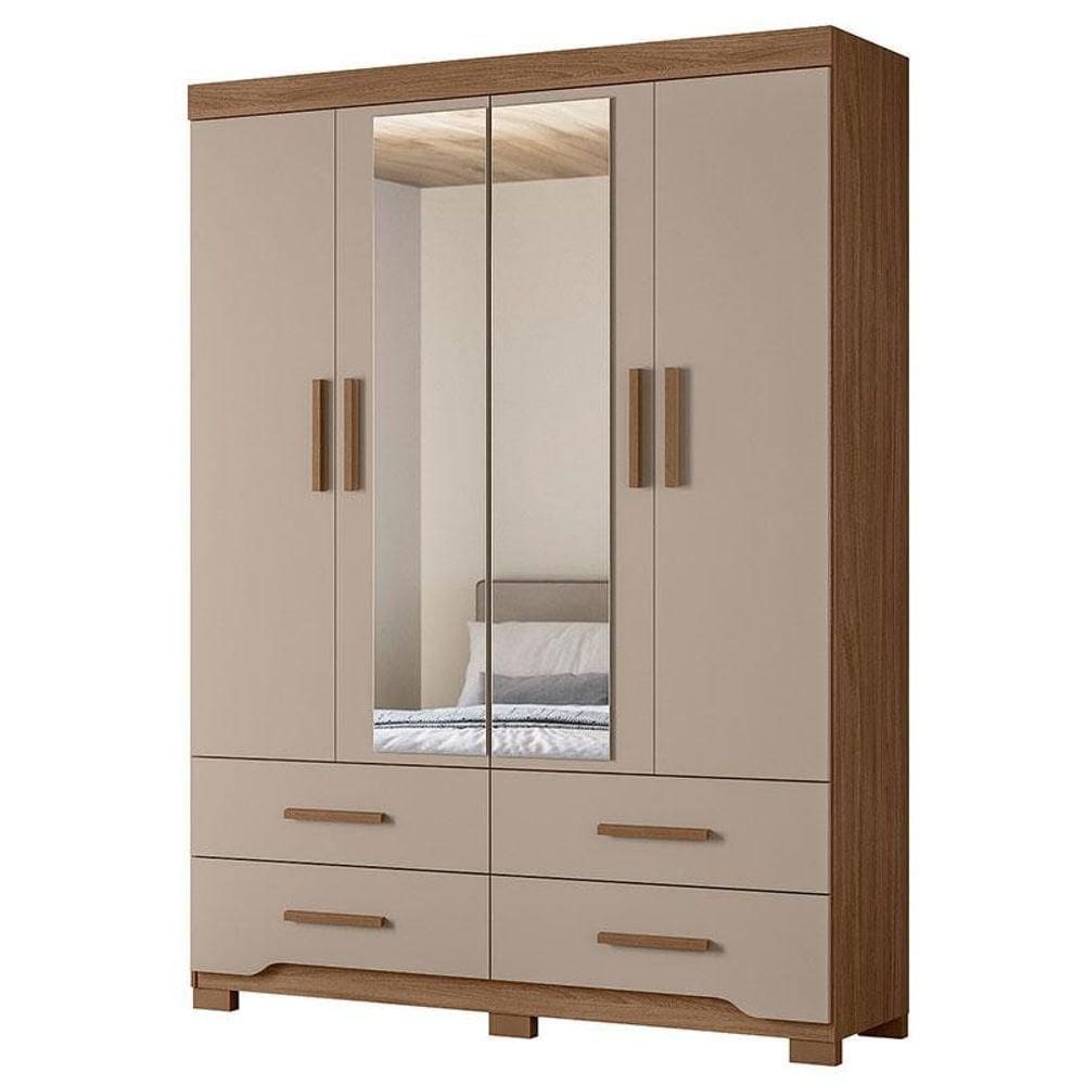 Guarda Roupa Solteiro Miami 4 Portas Carvalho Fendi Com Espelho - Moval