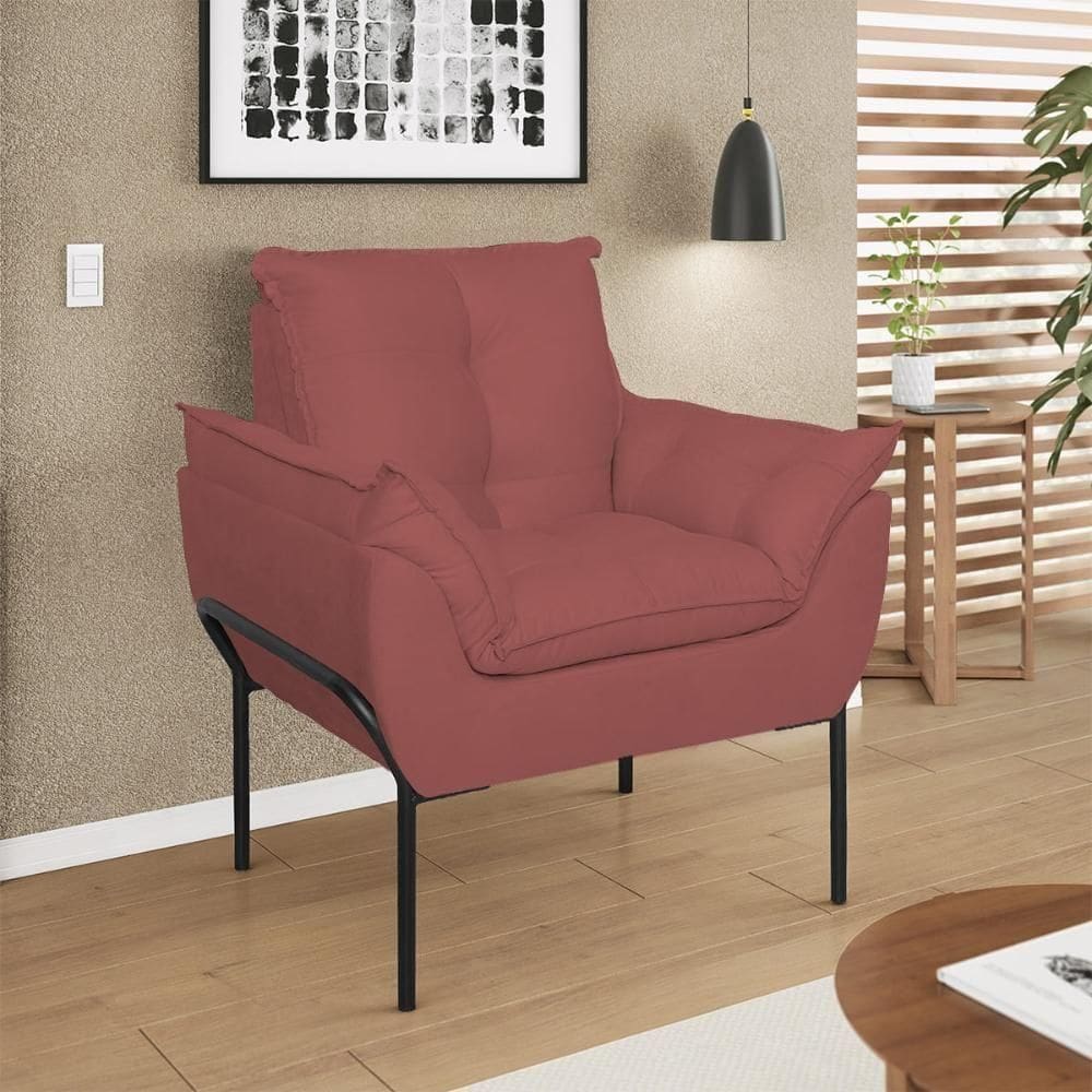 Poltrona Sofá Reforçada Base Metal Preta Amamentação Rosa
