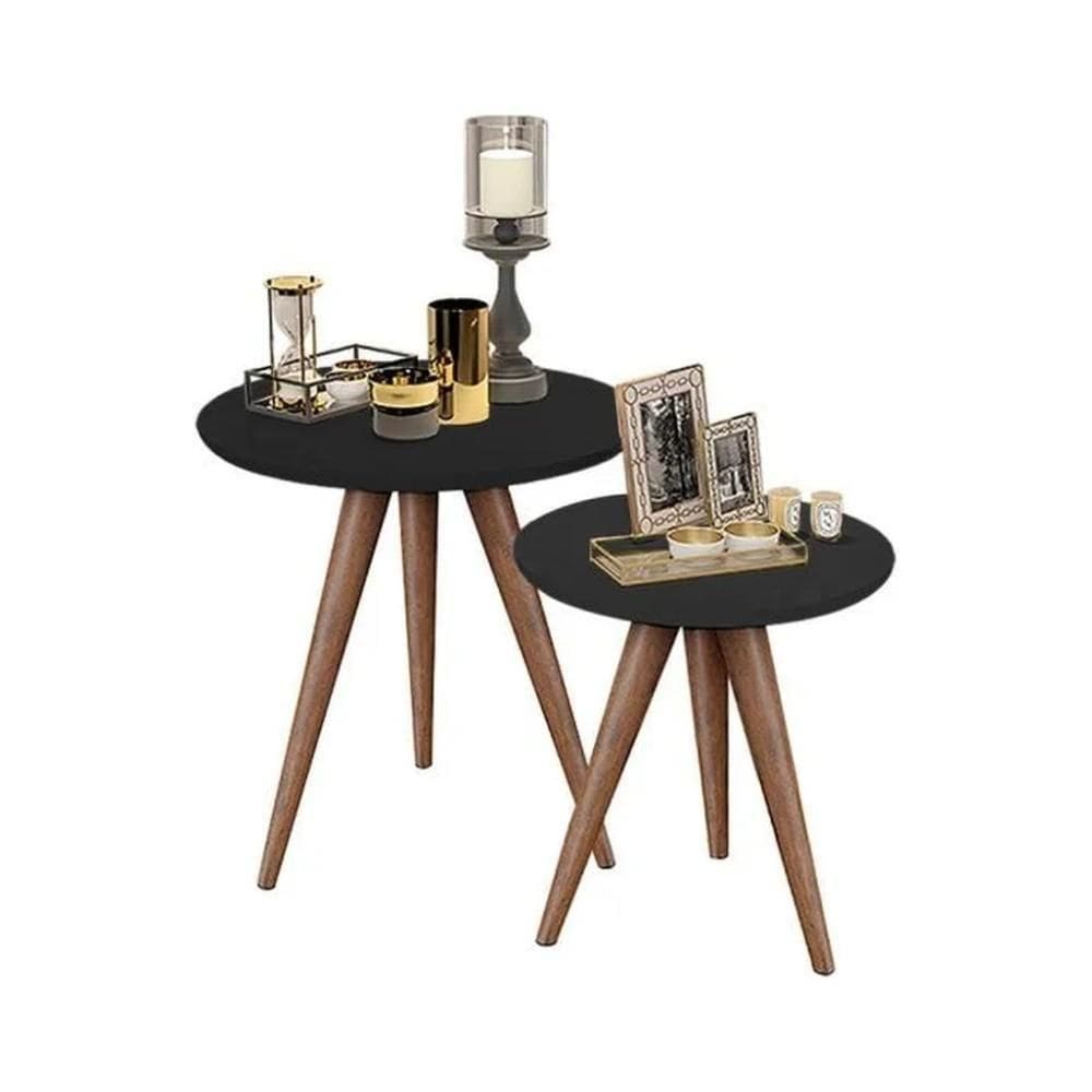 Conjunto Mesa Lateral De Apoio Retrô Pés Palito Quality Móveis Preto