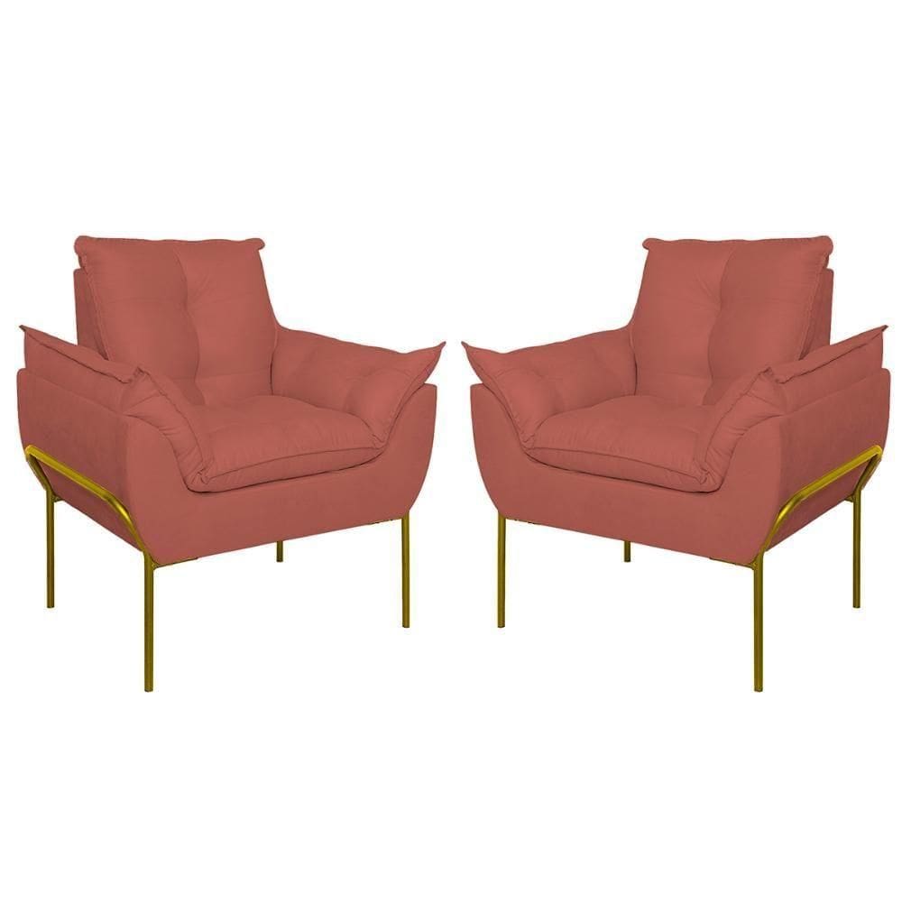 Kit 2 Poltronas Luxo Base Reforçada Metal Dourado Rosa