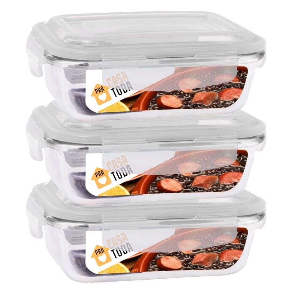 Jogo 3 Potes Hermeticos Vidro Retangular Tampa Travas 640ml