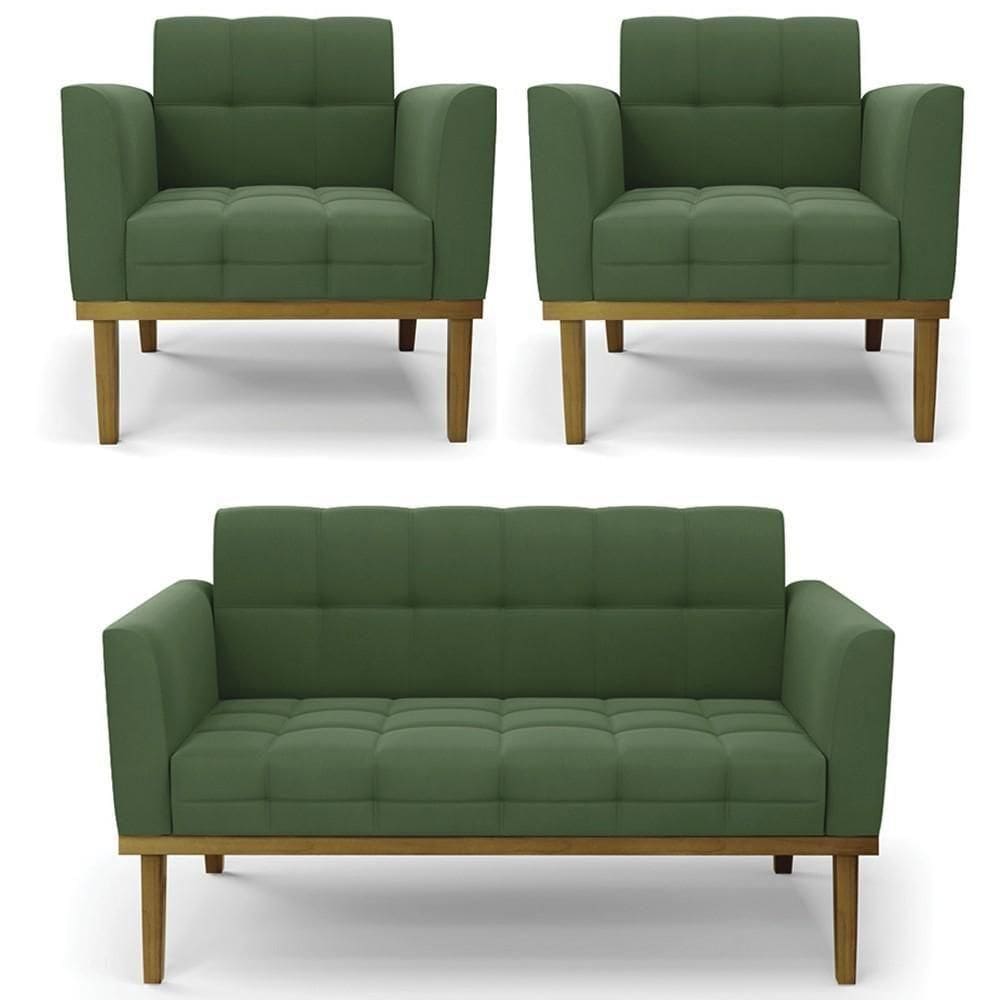 Sofá Namoradeira E 2 Poltronas Base Madeira Castanho Ana Suede Verde - Ibiza