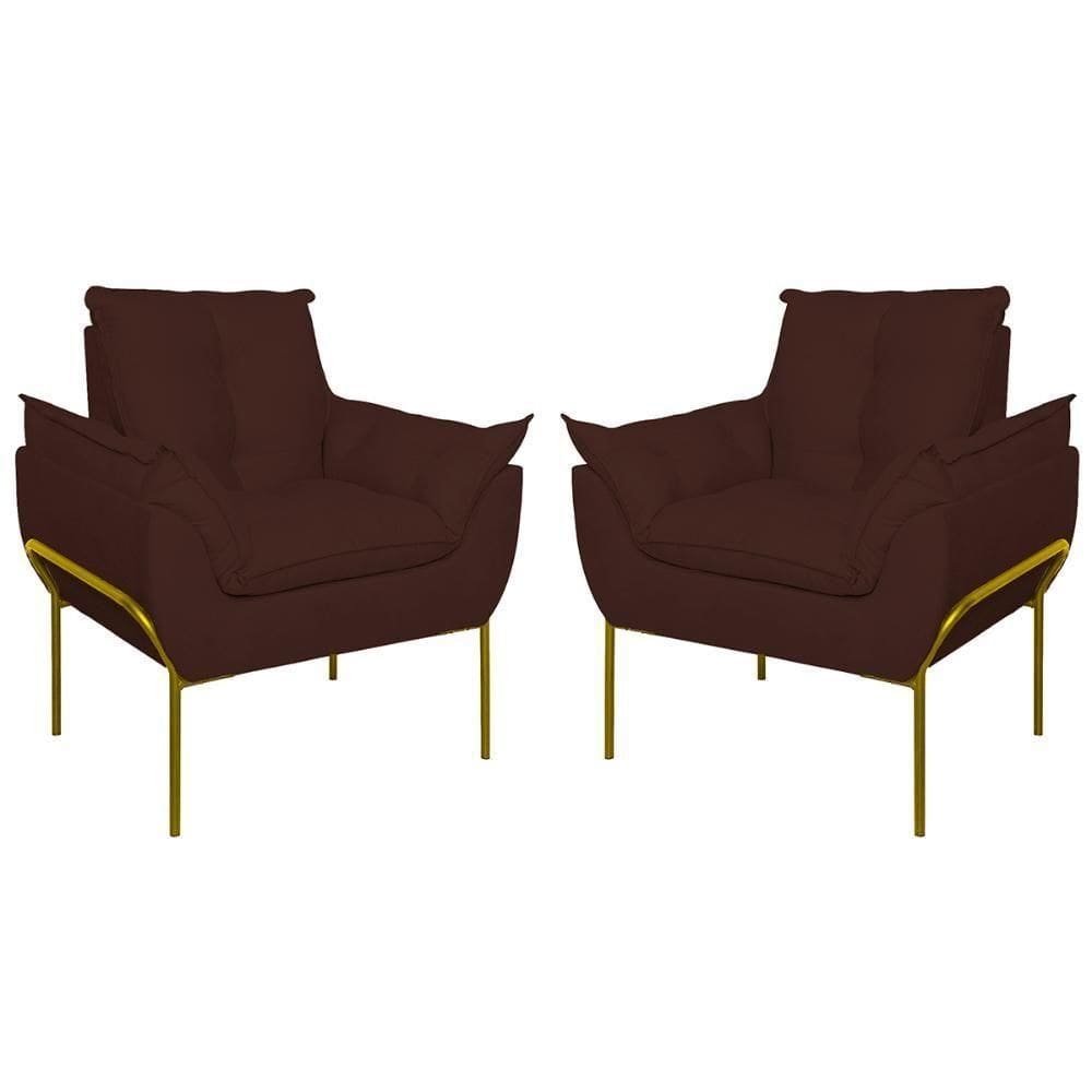Kit 2 Poltronas Luxo Base Reforçada Metal Dourado Marrom