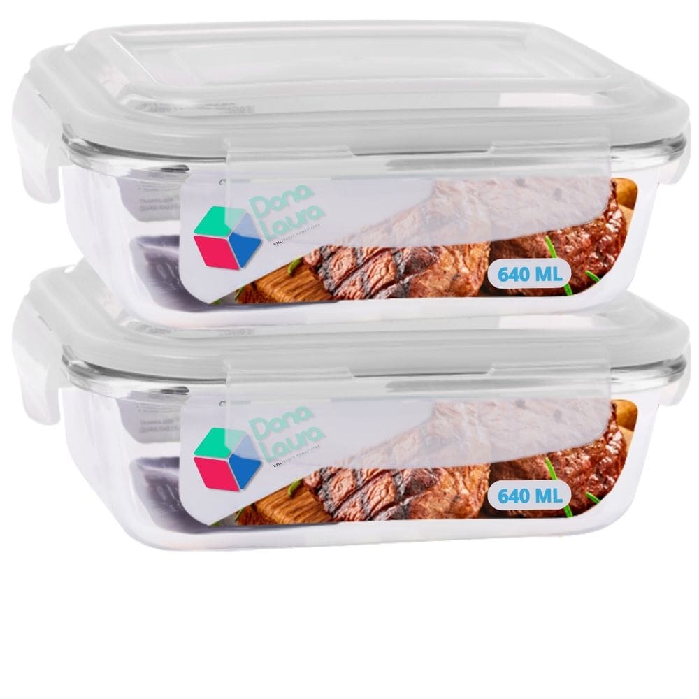 Jogo 2 Potes Marmitas Fitness 640ml Vidro Retangular Tampa Hermetico