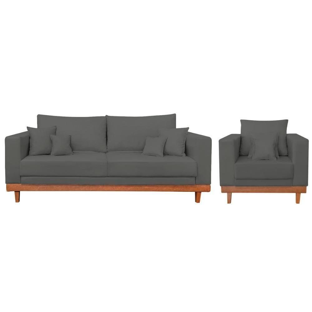 Kit Poltrona Living + Sofá 3 Lugares Base Madeira Suede