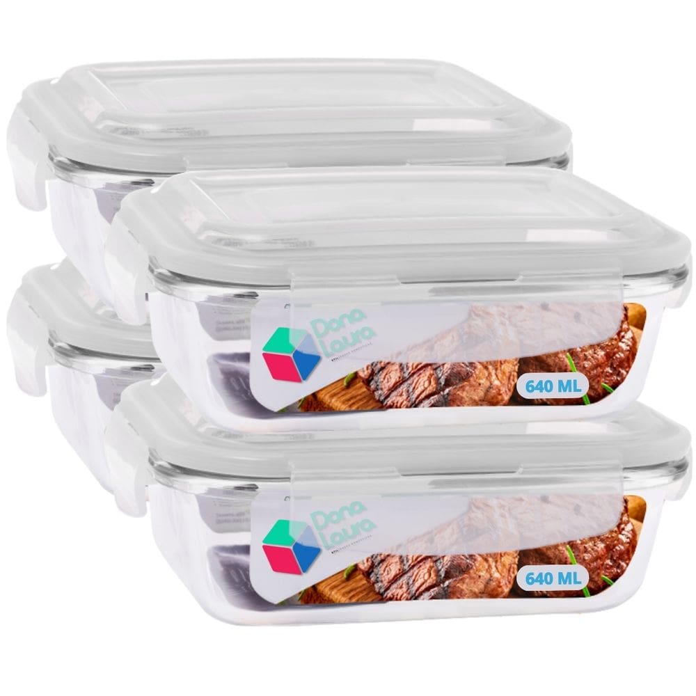 Jogo 4 Potes Marmitas Fitness 640ml Vidro Retangular Tampa Hermetico