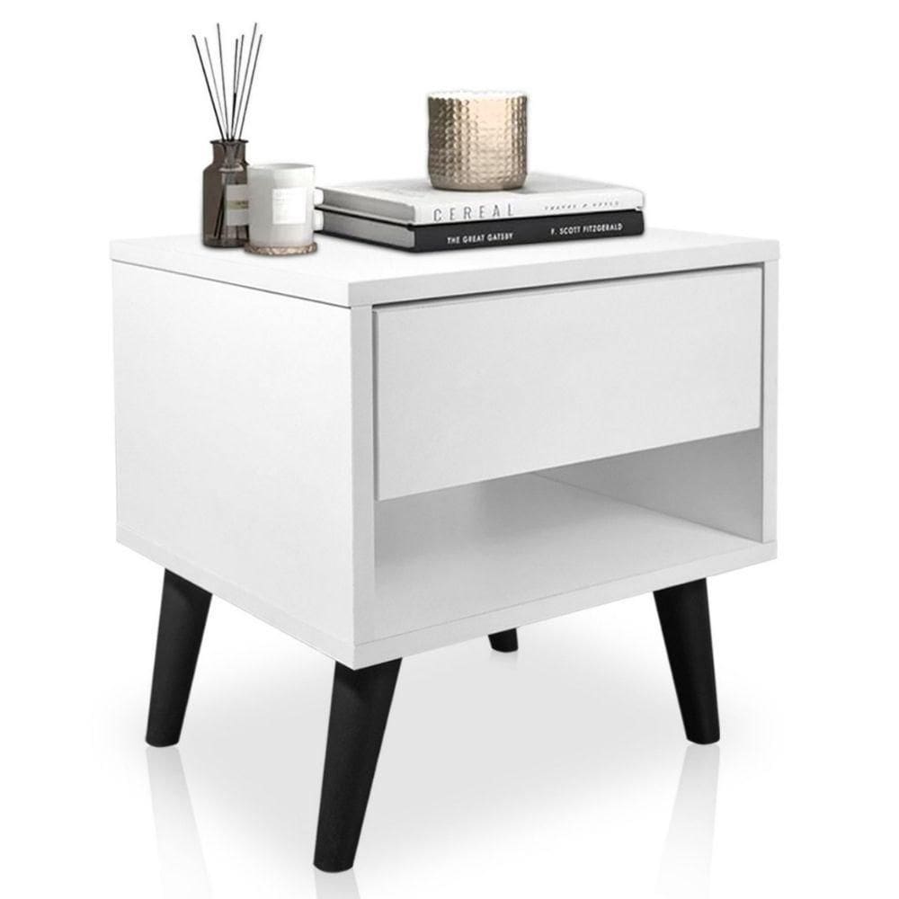 Mesa De Cabeceira 1 Gaveta 38 Cm Mdf Branco Pés Palito Mp
