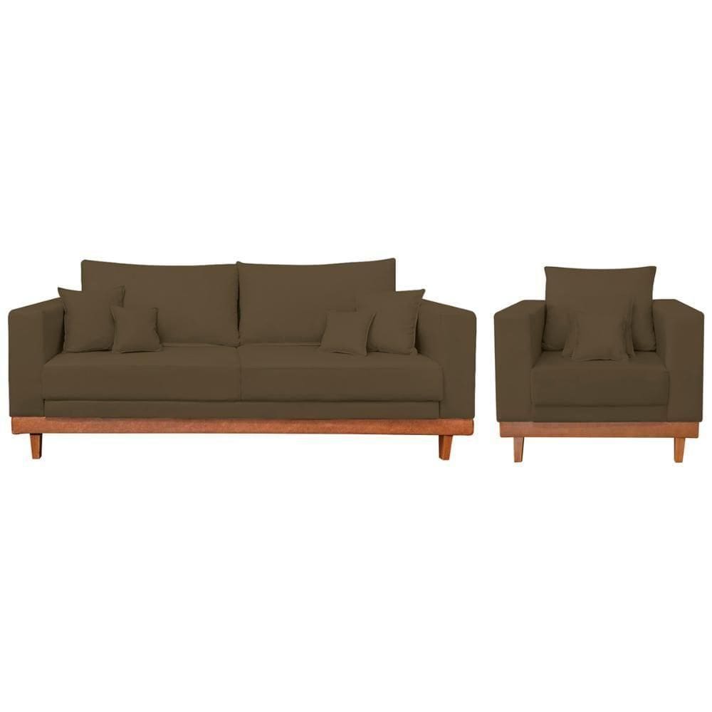 Kit Poltrona Living + Sofá 3 Lugares-Base Madeira Suede