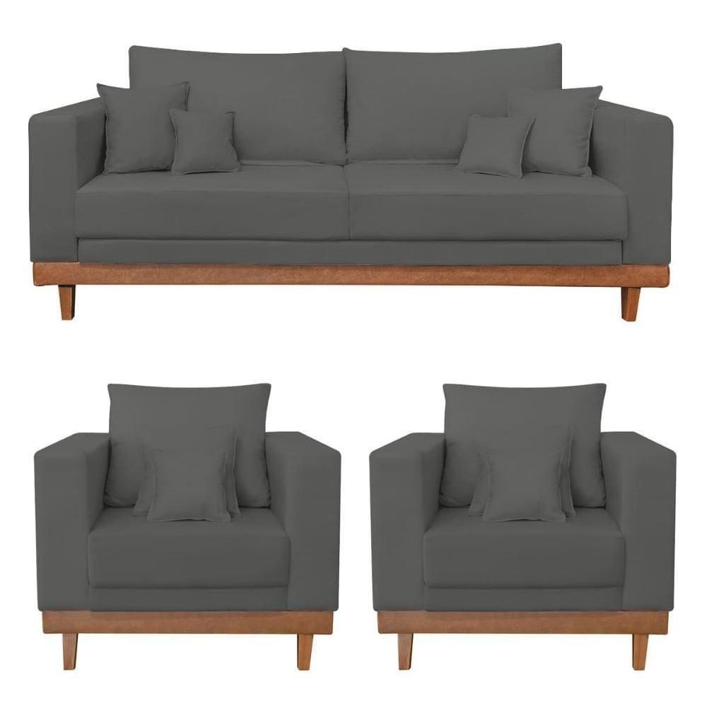 Kit 2 Poltronas Living + Sofá 3 Lugares Base Madeira