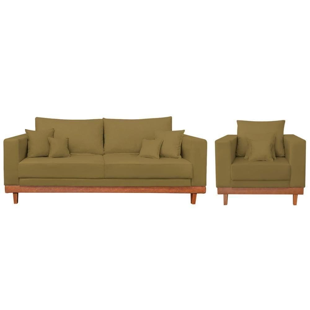 Kit Poltrona Living + Sofá 3 Lugares Com Base Madeira