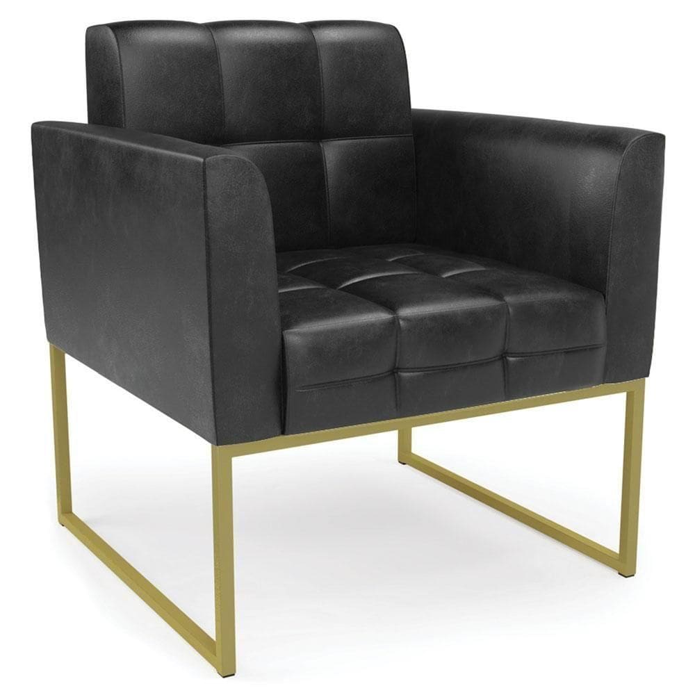 Poltrona Decorativa Base Industrial Dourado Ana Sintético Pu Preto- Ibiza