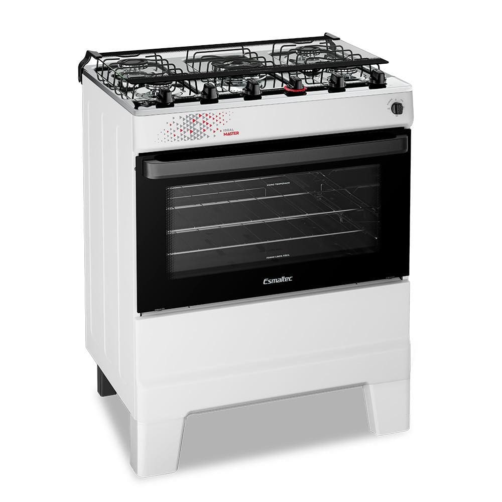 Fogão a Gás Mesa Inox Tripla Chama Tampa de Vidro Timer Forno 84L Limpa Fácil e Acendimento Automático IDEAL Master T5ITB Cor Branco 5 bocas Bivolt