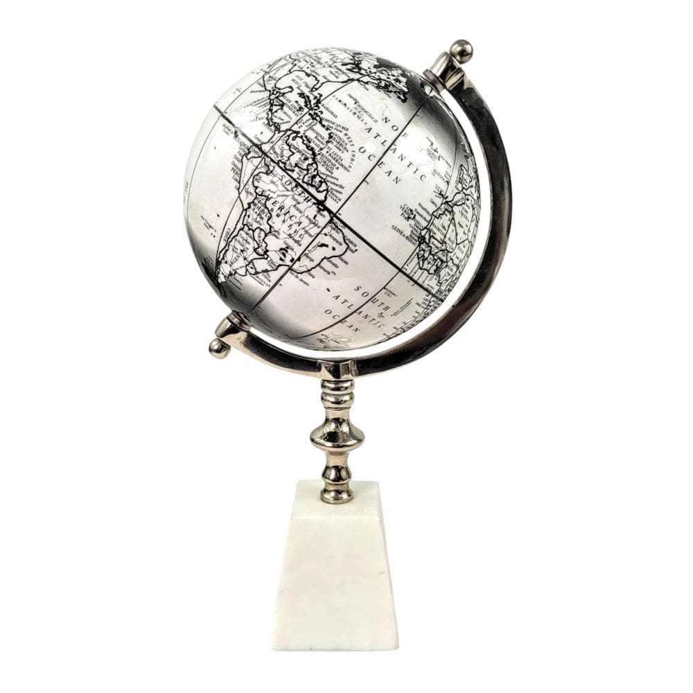 Globo Terrestre Decorativo Metal Branco Base Pedra Natural