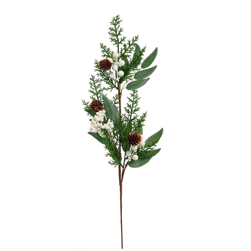 Galho Natalino Folhagens, Pinhas e Berries Branco Nevado 65cm - Magizi