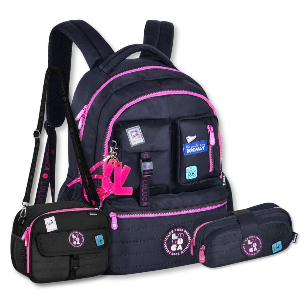 Mochila Luluca Com Lancheira E Estojo Bolsa Escolar Preta