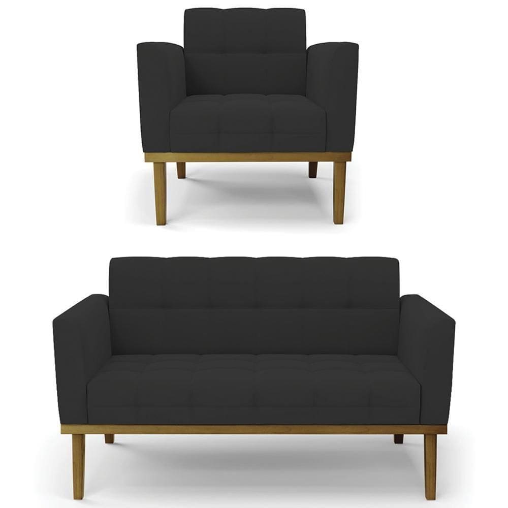 Sofá Namoradeira E 1 Poltrona Base Madeira Castanho Ana Veludo Preto - Ibiza