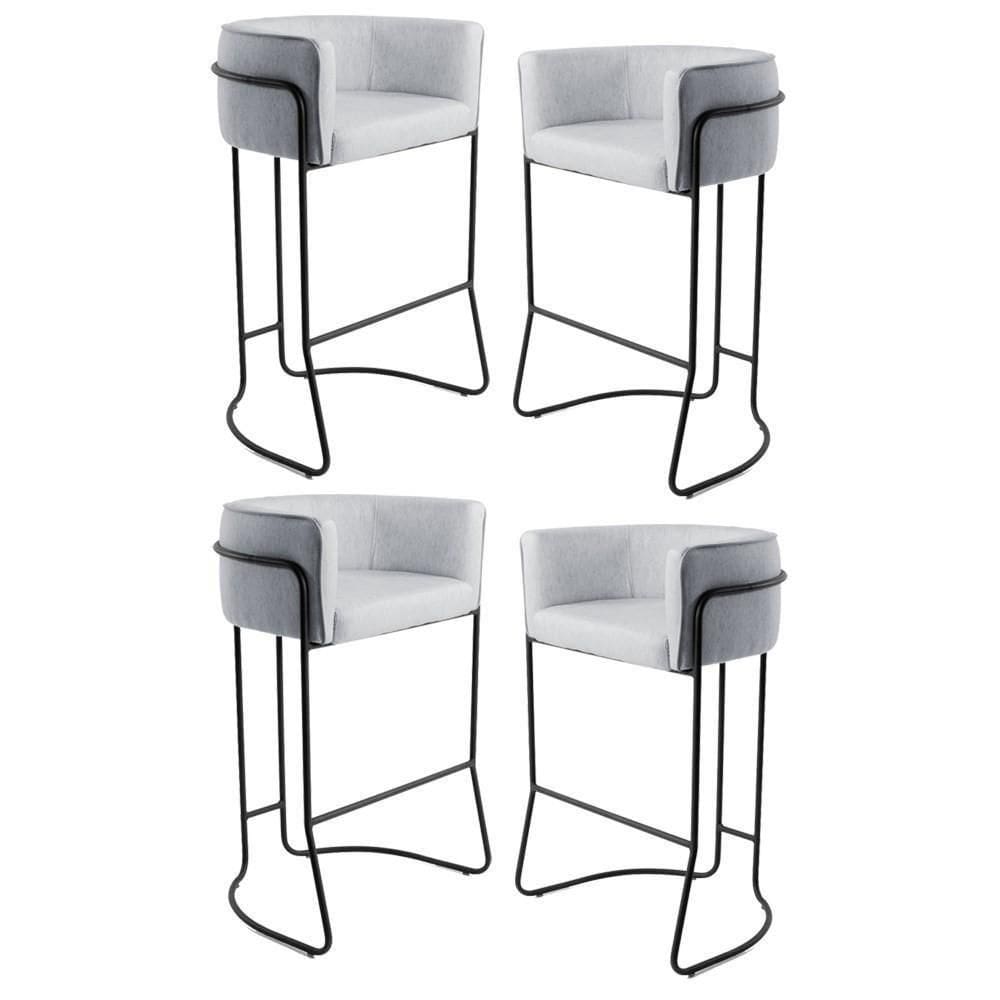 Kit 4 Banquetas Decorativas Base Aço Preto Betina Linho D-315 Cinza - Domi