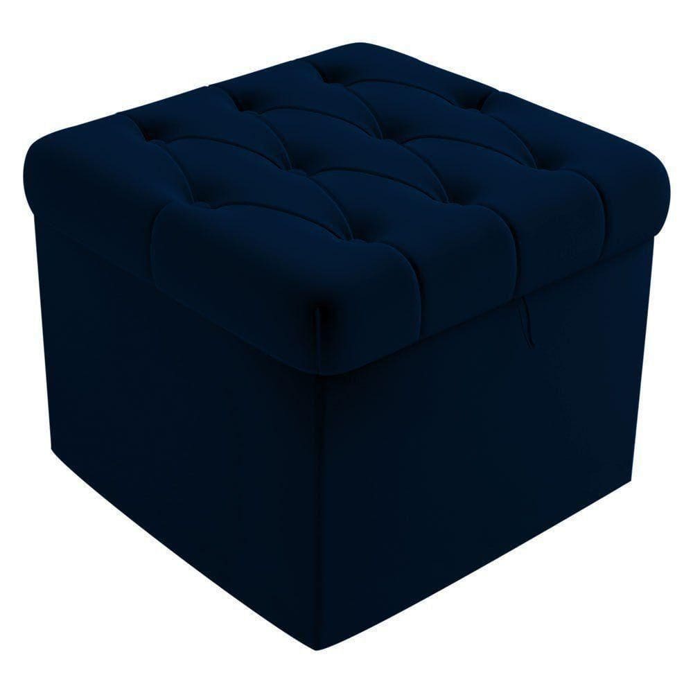 Puff Baú Capitonê Quadrado Suede Azul Marinho - D`rossi