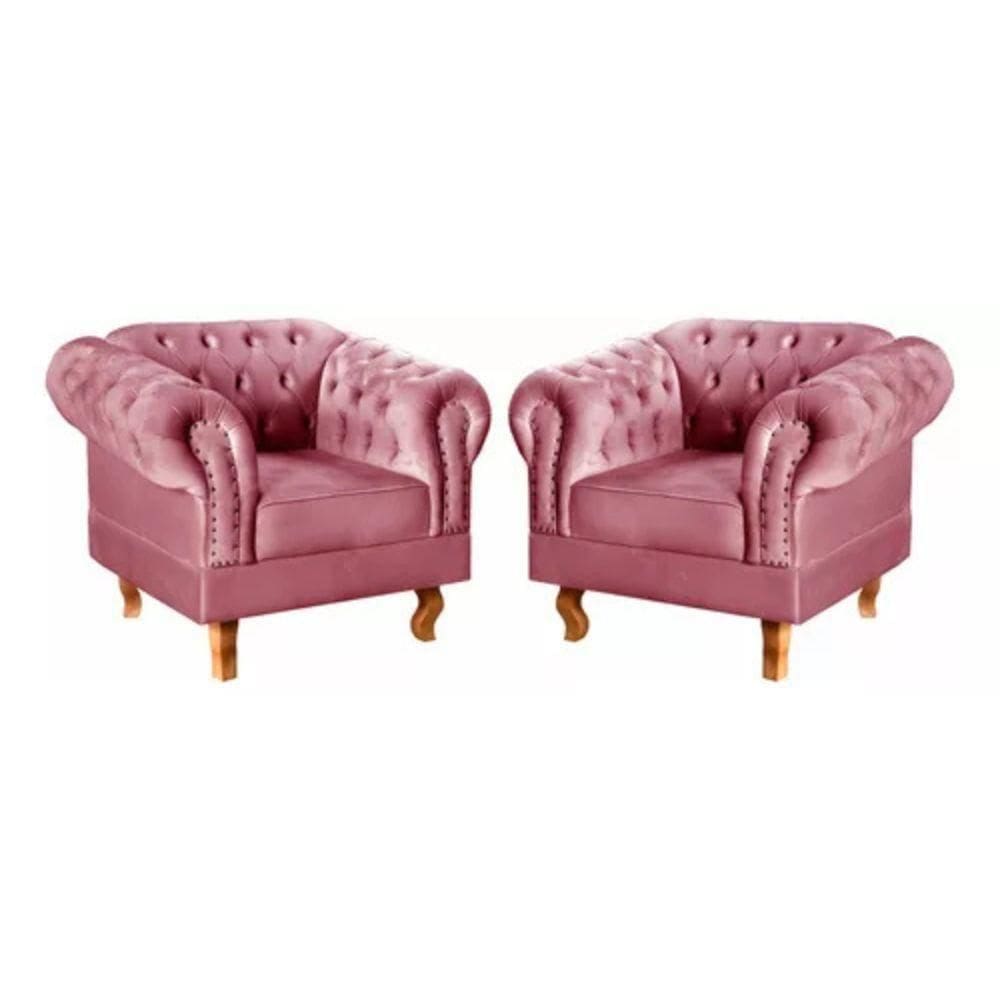 Kit 2 Poltronas Chesterfield Dom Pedro Vintage Retrô Capitonê Suede Rosa
