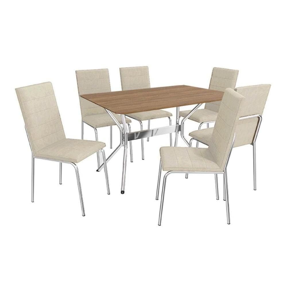 Sala De Jantar Loire com Tampo De Madeira + 6 Cadeiras Cromada-nude