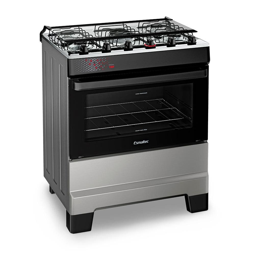 Fogão a Gás Mesa Inox Super Chama Tampa de Vidro Forno 84L Limpa Fácil e Acendimento Automático IDEAL Top  T5IAI Cor Inox 5 bocas Bivolt