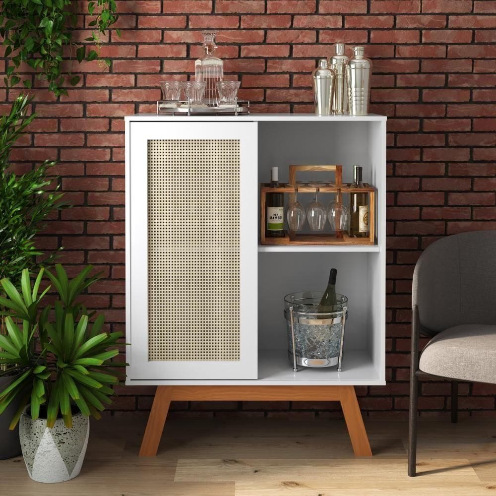 Balcao Buffet Aparador Bar Porta De Correr Rattan Pés Em Madeira Branco