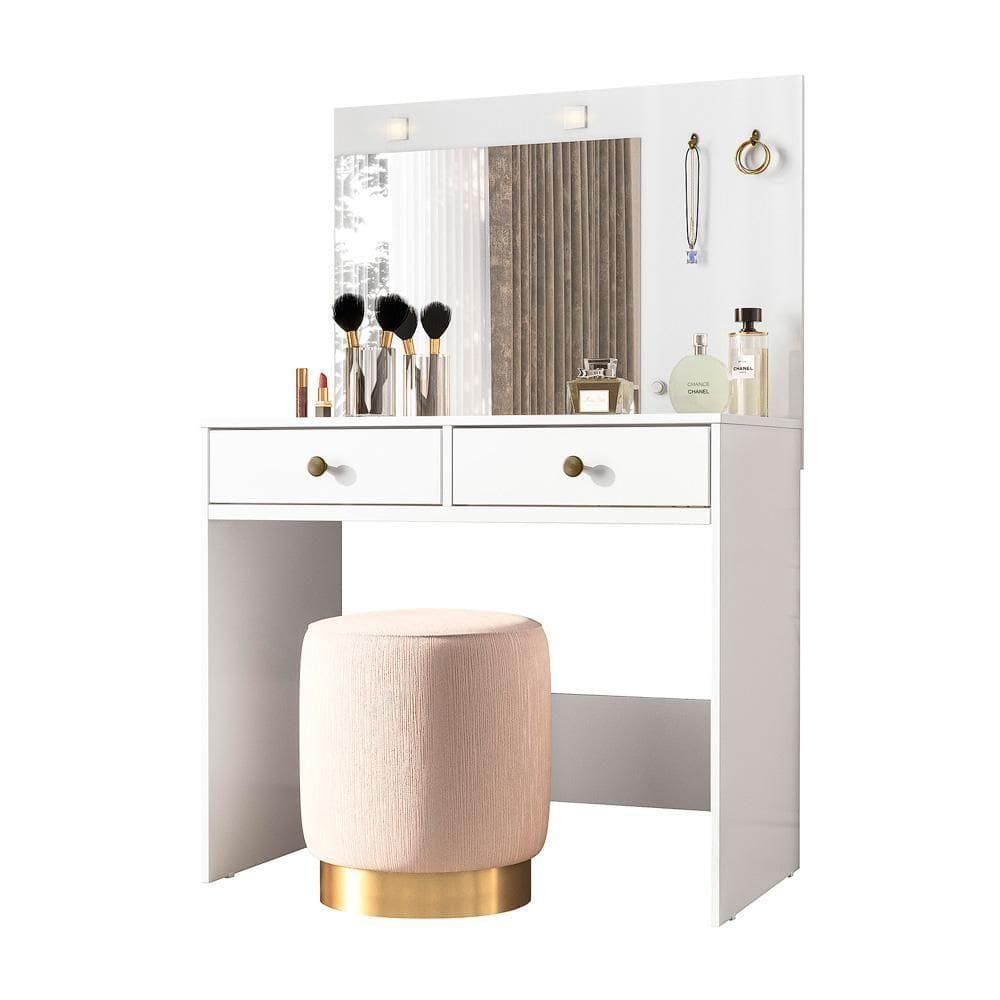 Penteadeira Com Espelho Camarim Ideal Led 2 Gavetas Branco Moval Branco