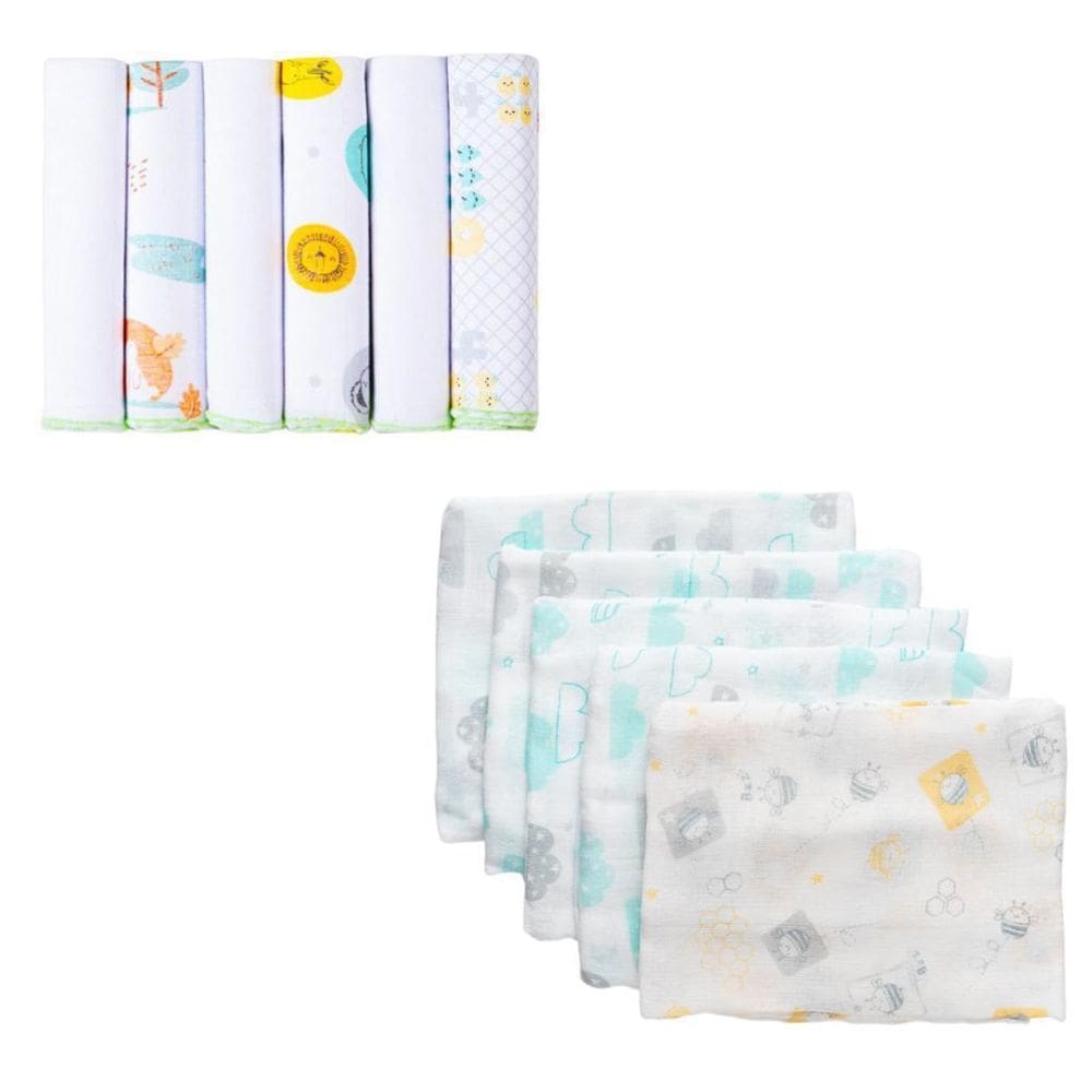 Kit 11 Peça 5 Fraldas 60X60 6 Paninho De Boca 30X30 Neutro