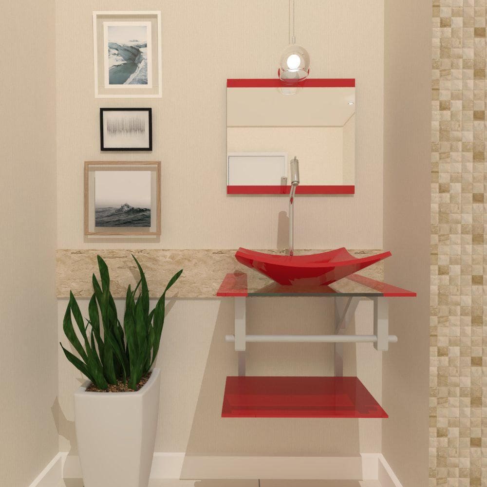 Gabinete De Vidro 45Cm Ac Com Cuba Quadrada Vermelho Ferrari