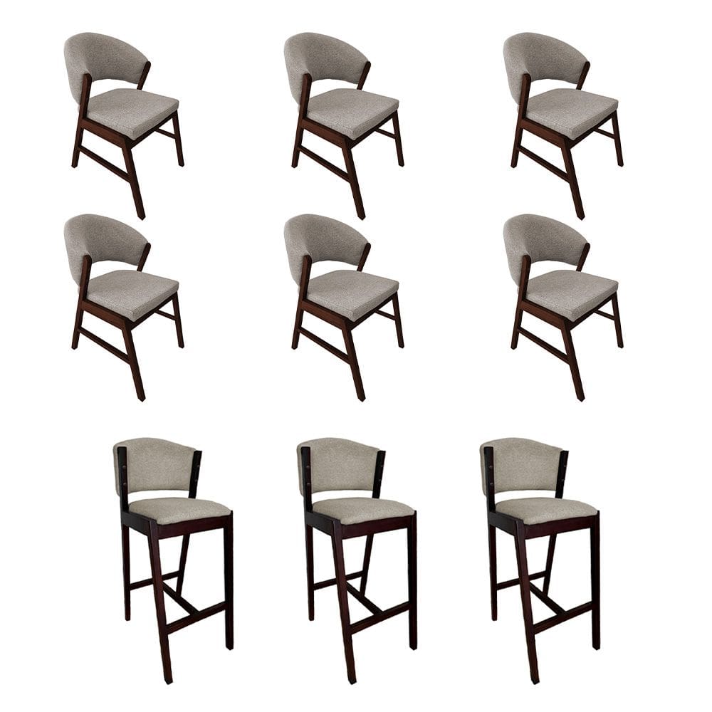 Kit 6 Cadeiras de Jantar Debora com 3 Banquetas Ana Madeira Maciça Castanho Premium Linho Bege