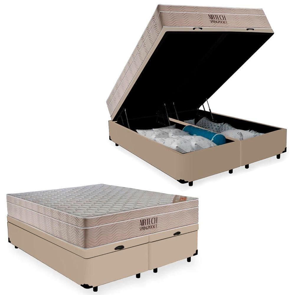 Cama Box Baú Queen Suede Bipartido + Colchão Ortobom Airtech Molas Ensacadas 65x158x198 Bege