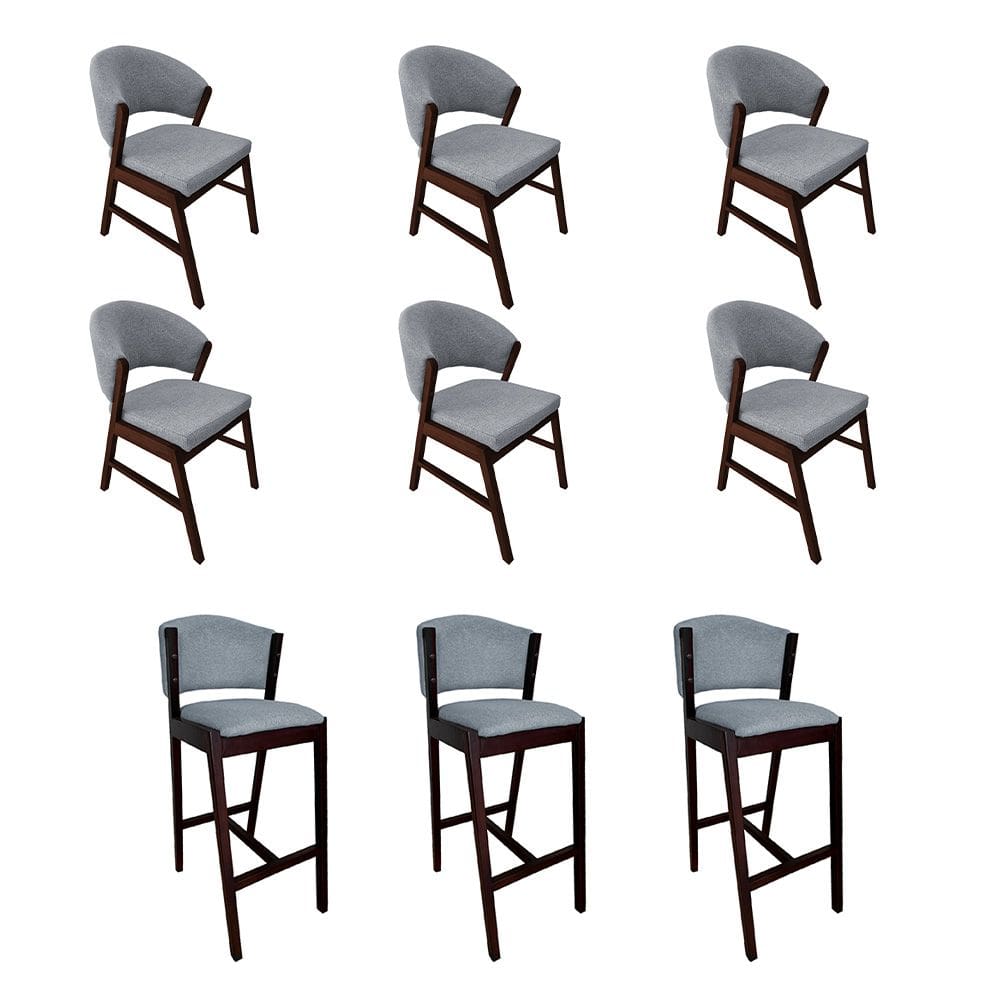 Kit 6 Cadeiras de Jantar Debora com 3 Banquetas Ana Madeira Maciça Castanho Premium Linho Cinza